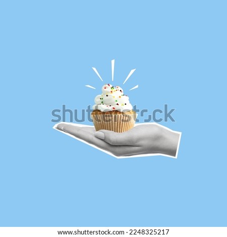 Creative collage of hand holding a cupcake. The concept of holiday mood. Greetings and celebration. Copy space.
 Royalty-Free Stock Photo #2248325217