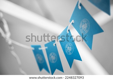 A garland of International Intellectual Property Organization national flags on an abstract blurred background.