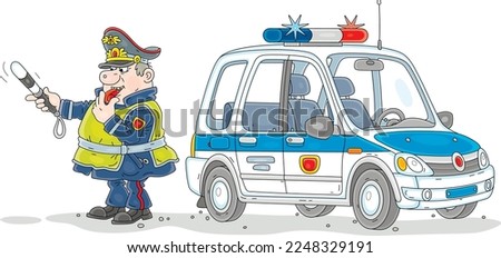 Police car and a traffic policeman with a baton and a whistle on-duty during patrol on a road, vector cartoon illustration isolated on a white background