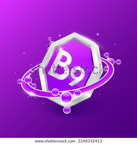 Logo label nutrition 3D silver. Vitamin B9 in octagon purple shape and atom orbit around. Used for products food design. Protect your body keep healthy. Medical concepts. Isolated Vector EPS10. Royalty-Free Stock Photo #2248332413