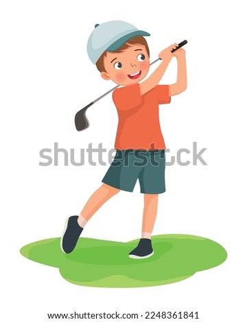 cute little boy playing golf hitting ball with golf club
