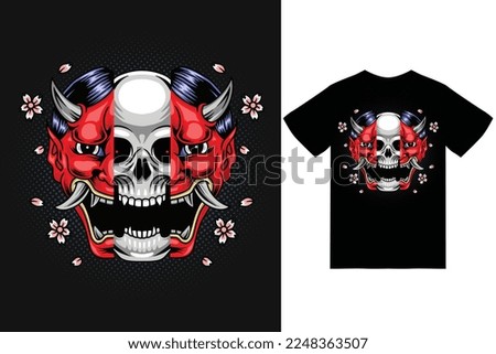 Skull oni mask with illustration with tshirt design premium vector the Concept of Isolated Technology. Flat Cartoon Style Suitable for Landing Web Pages, Tshirt, Flyers, Stickers, Cards