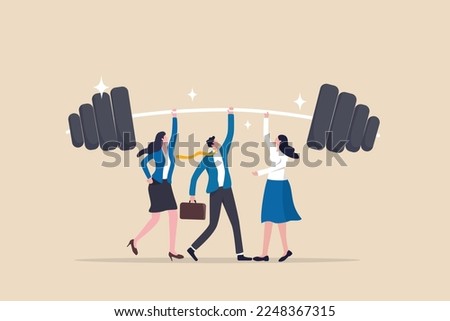 Teamwork to support for success, cooperate or collaboration to achieve strength, help or togetherness for business solution concept, business people office team help lifting heavy weight successfully. Royalty-Free Stock Photo #2248367315