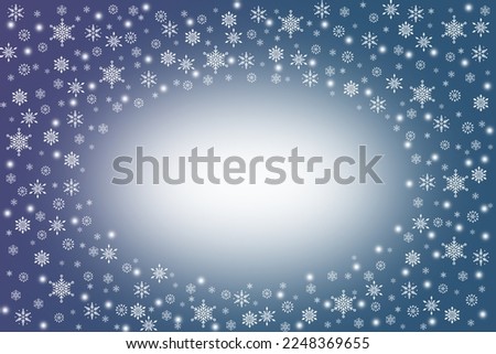 Winter nature snowfall background with central copy space. blue snow blurred abstract snowflake texture Abstract white powder snow cloud border on dark surface. Design of picture frame for websites