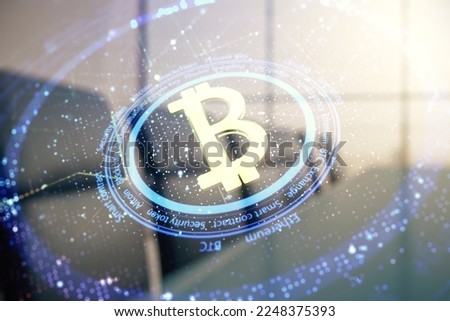 Double exposure of creative Bitcoin symbol hologram on a modern boardroom background. Mining and blockchain concept