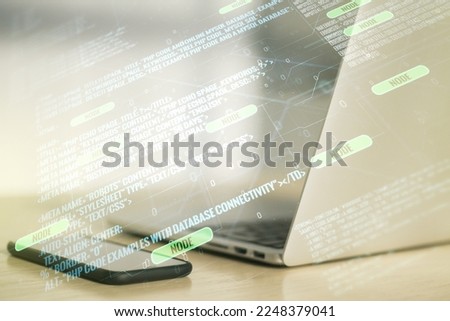 Abstract creative coding illustration on modern computer background, software development concept. Multiexposure