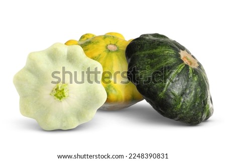 Three fresh different pattypan squashes on white background Royalty-Free Stock Photo #2248390831