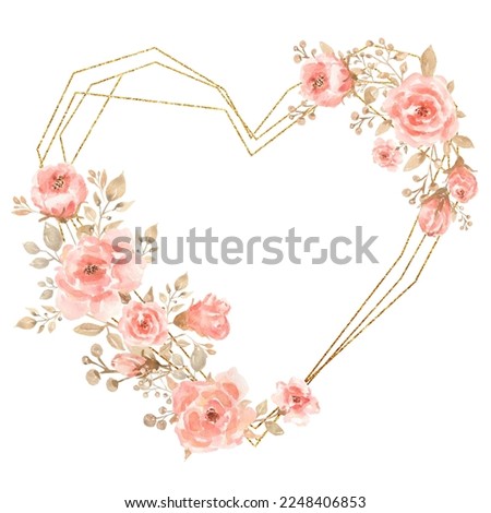 Watercolor pink flowers and golden heart frame clip art, coral florals valentines day card, delicate peony flower, love day celebration, mothers day illustration, wedding invitation, card design, logo