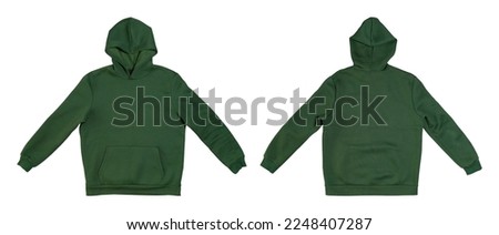 Template blank hoodie. Green men's hoodie, sweatshirt with hood front and back view isolated on white background. Men's clothing isolate, modern youth jacket, mockup for logo, design, advertising Royalty-Free Stock Photo #2248407287