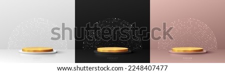 Set of 3D golden cylinder pedestal podium background. Glitter dots in black, silver, pink gold color. Abstract luxury minimal wall scene mockup products display. Stage showcase. Vector geometric form.