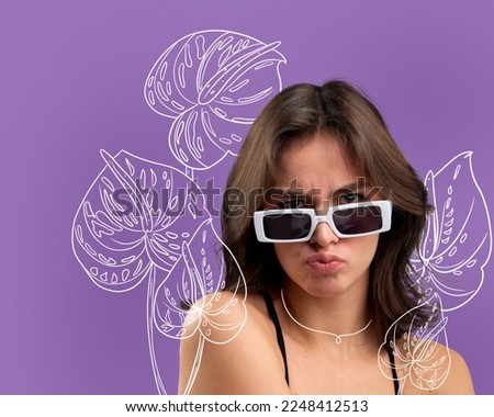 Portrait of young beautiful girl posing over colored background with floral drawings, sketches. Concept of beauty, art, international women's day, spring, emotions. Design for magazine or book