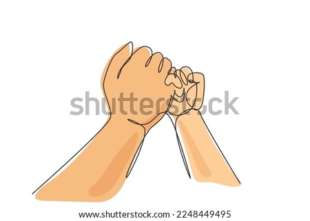 Continuous one line drawing mother and child's hand gesturing keeping promise. Tiny Newborn Baby's and female hands. Mom and her Child. Happy Family concept. Single line draw design vector graphic