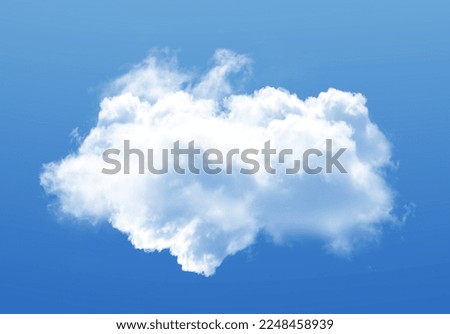 Single cloud isolated over blue sky background. White fluffy cloud photo, beautiful cloud shape. Climate concept 