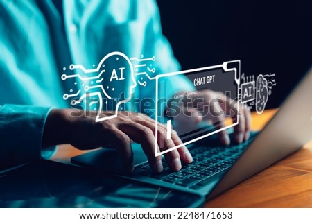 ChatGPT Chat with AI, Artificial Intelligence. man using technology smart robot AI, artificial intelligence by enter command prompt for generates something, Futuristic technology transformation. Royalty-Free Stock Photo #2248471653