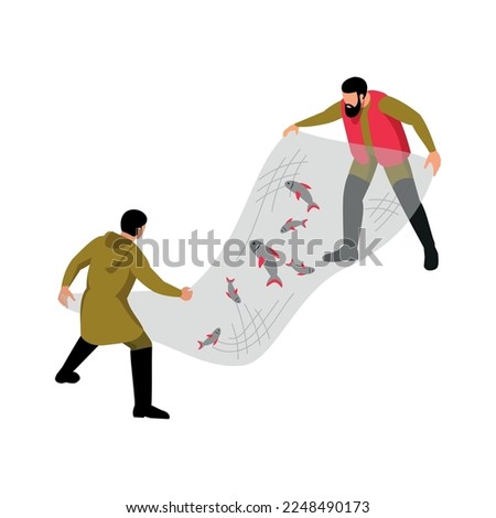 Isometric fisherman composition with isolated view of fishers with equipment on blank background vector illustration