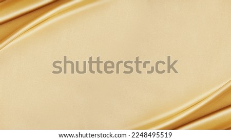 Yellow silk satin. Draped fabric. Golden color. Luxury background. Space for design. Template. Flat lay, top view table. Web banner. Christmas, Birthday, wedding, bridal, valentine, romance, award. Royalty-Free Stock Photo #2248495519