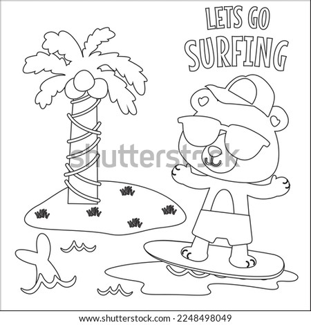 Vector illustration of surfing time with cute little bear at summer beach. Childish design for kids activity colouring book or page.