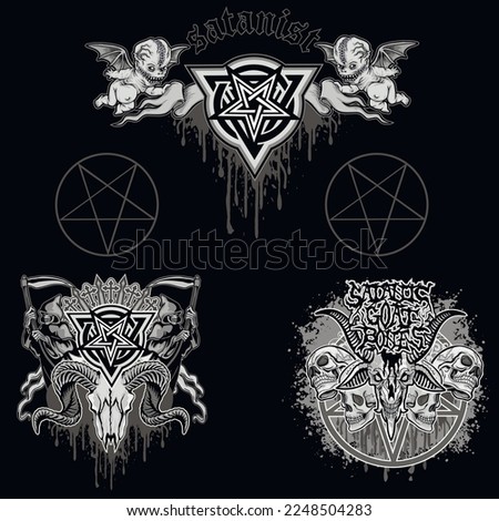 set, gothic sign with skull, grunge vintage design t shirts