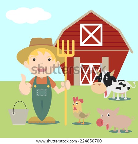 Little farmer, farm animals, vector illustration