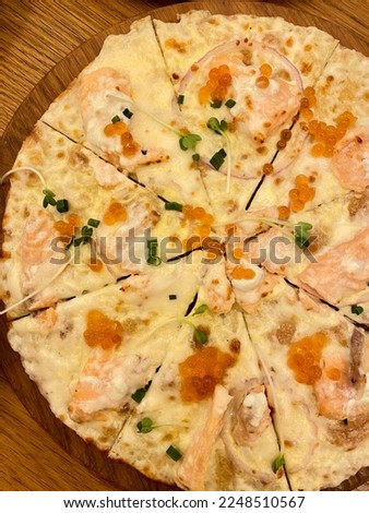 Salmon and Shrimp Eggs Pizza