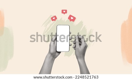 Creative trend abstract template collage of woman hand arm algorithm giving likes hearts reaction social media mobile phone smm strategy successful blogger. Royalty-Free Stock Photo #2248521763