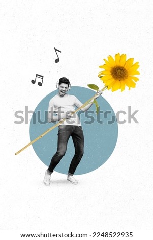 Collage artwork graphics picture of funky cool guy playing sunflower guitar isolated painting background