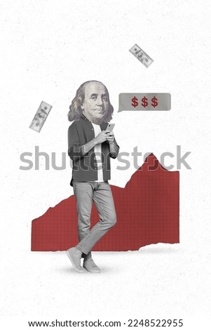Collage artwork graphics picture of cool funny guy earning money instagram facebook media isolated painting background