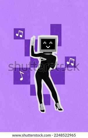 Photo collage cartoon comics picture of funny funky lady smiling computer instead of head having fun isolated drawing background