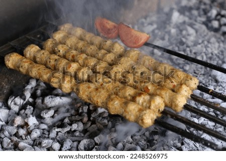 Chicken Meat Grilling on Fire  Shish Kebab Stock Photos