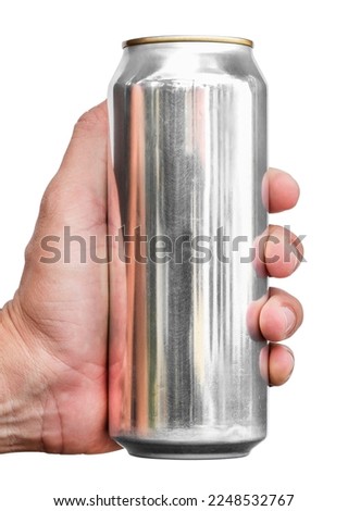 Hand hold mockup shiny aluminum slim can isolated on white background with clipping path