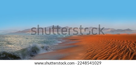 Namib desert with Atlantic ocean meets near Skeleton coast - 
Namibia, South Africa Royalty-Free Stock Photo #2248541029