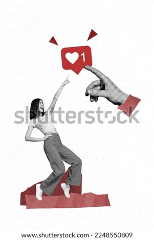 Exclusive magazine picture sketch collage image of carefree lady pointing heart like sign isolated painting background