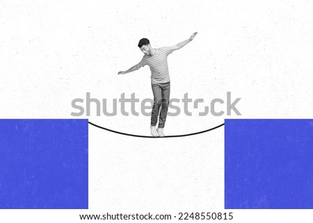 Photo artwork minimal collage picture of shocked lady walking rope between two sides isolated drawing background Royalty-Free Stock Photo #2248550815