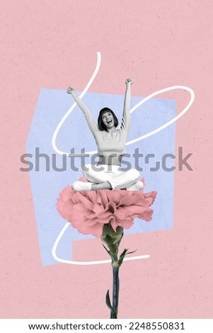 Collage photo of young funny excited miniature sitting lady big bloom gerbera flower fists up started menstruation isolated on pink color background