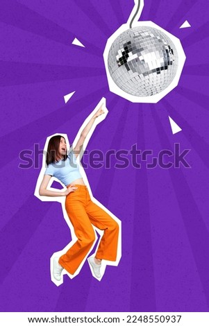 Collage 3d image of pinup pop retro sketch of happy smiling lady dancing pointing finger disco ball isolated painting background