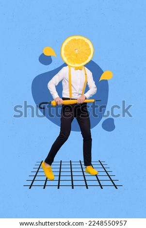 Vertical collage picture of excited person hands hold umbrella instead head big half orange fruit isolated on creative background