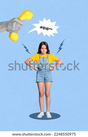 Exclusive magazine picture sketch collage image of angry little child getting annoyed calls isolated painting background