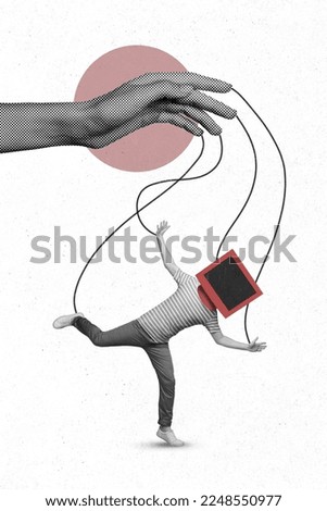 Creative retro magazine collage image of arms holding hanging gut tv set instead of head isolated painting background