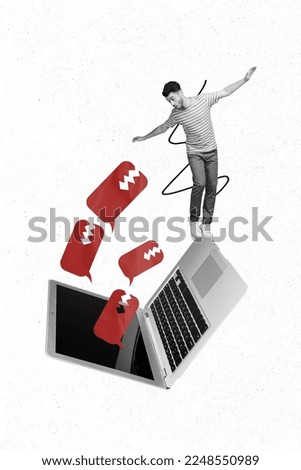 Collage photo banner of funny young excited surprised guy miniature dangerous stress from cyberbullying angry comments isolated on white background