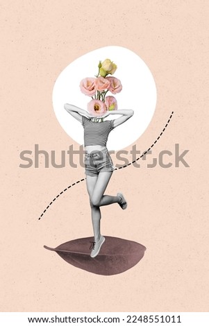 Photo collage cartoon comics sketch picture of walking lady flowers instead of head isolated drawing background