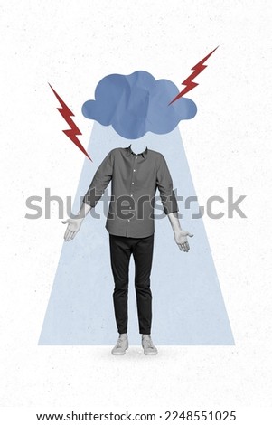 Creative photo collage graphics painting of stressed depressed guy storm cloud instead head isolated drawing background