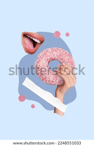 Vertical collage picture of toothy smile human mouth bite arm hold big yummy donut isolated on drawing background