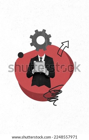 Vertical collage picture of black white colors person configuration gear instead head use tablet drawing arrow up isolated on creative background