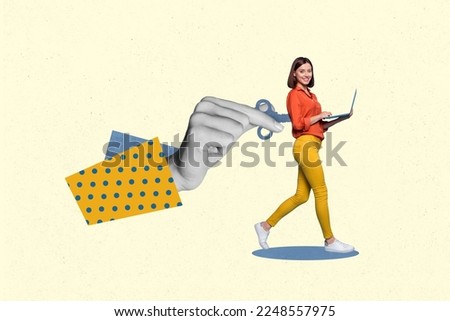 Collage photo of young postiive smiling manager lady manipulation boss key doll hold laptop it developer overworking isolated on white background Royalty-Free Stock Photo #2248557975