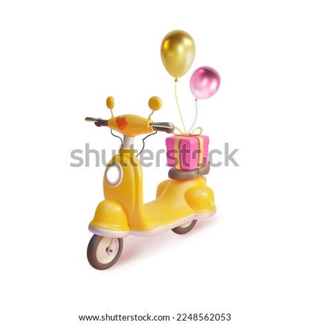3d Yellow Scooter with Present Gift Plasticine Cartoon Style Isolated on a White Background. Vector illustration