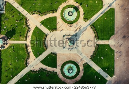 Aerial flat lay view of the famous Schlossplatz in Downtown Stuttgart, Germany, travel background
