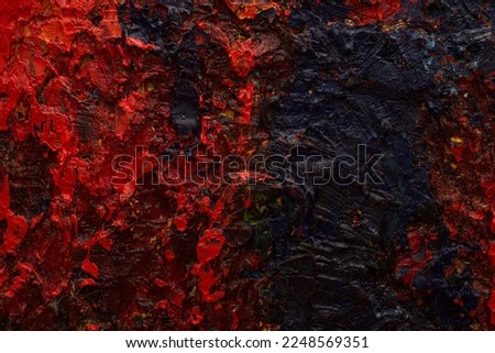 Orange red blue abstract painting. Beautiful brush strokes and canvas textures close-up. Textured abstract sunset background. Oil painting fragment. Expression. Original artistic background