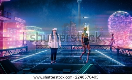Black Woman Wearing Virtual Reality Headset Enters Metaverse. VR Transformation: Female Looking in Wonder around Immersive 3D Sci-fi City, Futuristic Online World with AI Robots, Users, Fun Adventures Royalty-Free Stock Photo #2248570405
