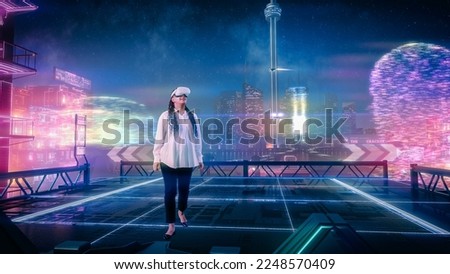 Black Woman Wearing Virtual Reality Headset Enters Metaverse. VR Transformation: Immersive 3D Futuristic Sci-fi City with Neon Colors. Conceptual Future Full of Possibilities and Opportunities. Royalty-Free Stock Photo #2248570409