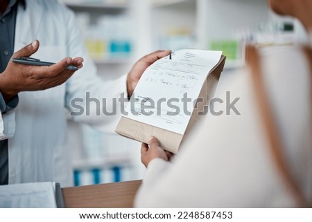 Healthcare, pharmacist hands with medicine for woman at counter buying prescription drugs at drug store. Health, wellness and medical insurance, man and customer at pharmacy for advice and pills. Royalty-Free Stock Photo #2248587453